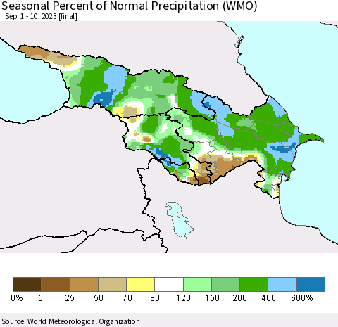 Azerbaijan, Armenia and Georgia Seasonal Percent of Normal Precipitation (WMO) Thematic Map For 9/1/2023 - 9/10/2023