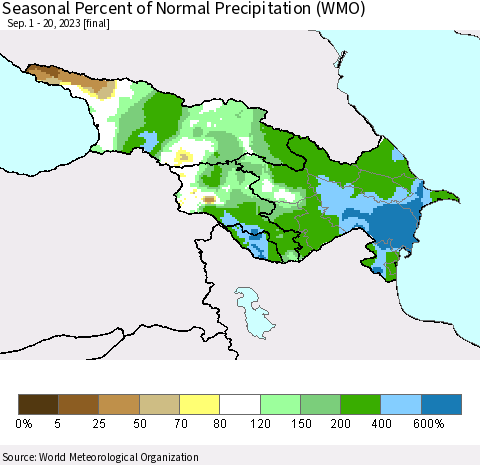 Azerbaijan, Armenia and Georgia Seasonal Percent of Normal Precipitation (WMO) Thematic Map For 9/1/2023 - 9/20/2023