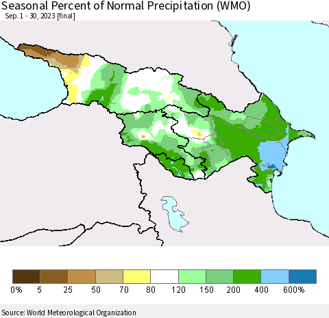Azerbaijan, Armenia and Georgia Seasonal Percent of Normal Precipitation (WMO) Thematic Map For 9/1/2023 - 9/30/2023