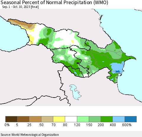 Azerbaijan, Armenia and Georgia Seasonal Percent of Normal Precipitation (WMO) Thematic Map For 9/1/2023 - 10/10/2023