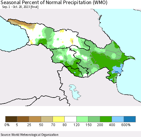 Azerbaijan, Armenia and Georgia Seasonal Percent of Normal Precipitation (WMO) Thematic Map For 9/1/2023 - 10/20/2023