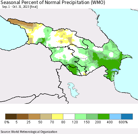 Azerbaijan, Armenia and Georgia Seasonal Percent of Normal Precipitation (WMO) Thematic Map For 9/1/2023 - 10/31/2023
