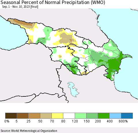 Azerbaijan, Armenia and Georgia Seasonal Percent of Normal Precipitation (WMO) Thematic Map For 9/1/2023 - 11/10/2023
