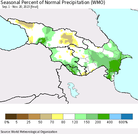 Azerbaijan, Armenia and Georgia Seasonal Percent of Normal Precipitation (WMO) Thematic Map For 9/1/2023 - 11/20/2023