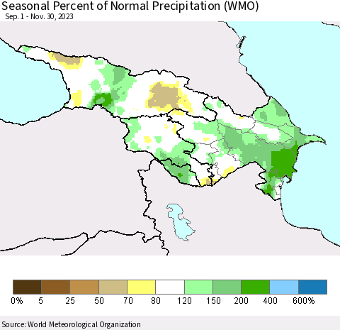 Azerbaijan, Armenia and Georgia Seasonal Percent of Normal Precipitation (WMO) Thematic Map For 9/1/2023 - 11/30/2023