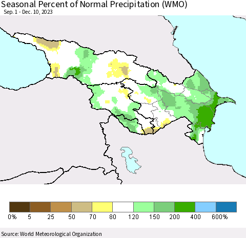 Azerbaijan, Armenia and Georgia Seasonal Percent of Normal Precipitation (WMO) Thematic Map For 9/1/2023 - 12/10/2023