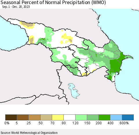 Azerbaijan, Armenia and Georgia Seasonal Percent of Normal Precipitation (WMO) Thematic Map For 9/1/2023 - 12/20/2023