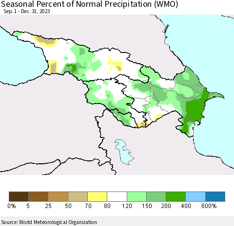 Azerbaijan, Armenia and Georgia Seasonal Percent of Normal Precipitation (WMO) Thematic Map For 9/1/2023 - 12/31/2023
