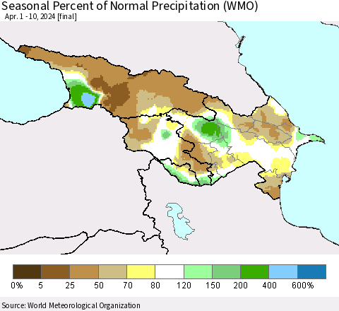 Azerbaijan, Armenia and Georgia Seasonal Percent of Normal Precipitation (WMO) Thematic Map For 4/1/2024 - 4/10/2024