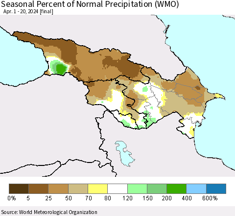 Azerbaijan, Armenia and Georgia Seasonal Percent of Normal Precipitation (WMO) Thematic Map For 4/1/2024 - 4/20/2024
