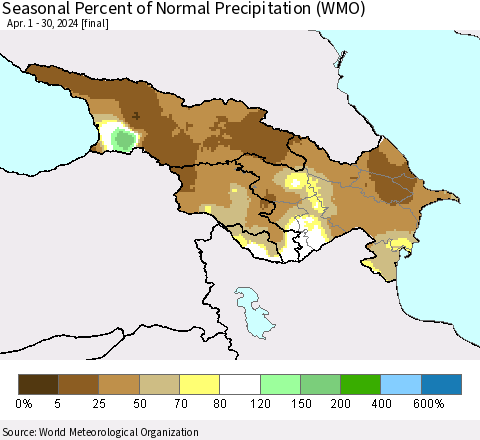 Azerbaijan, Armenia and Georgia Seasonal Percent of Normal Precipitation (WMO) Thematic Map For 4/1/2024 - 4/30/2024