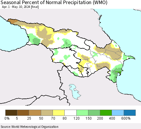 Azerbaijan, Armenia and Georgia Seasonal Percent of Normal Precipitation (WMO) Thematic Map For 4/1/2024 - 5/10/2024
