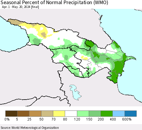 Azerbaijan, Armenia and Georgia Seasonal Percent of Normal Precipitation (WMO) Thematic Map For 4/1/2024 - 5/20/2024
