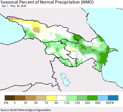 Azerbaijan, Armenia and Georgia Seasonal Percent of Normal Precipitation (WMO) Thematic Map For 4/1/2024 - 5/20/2024