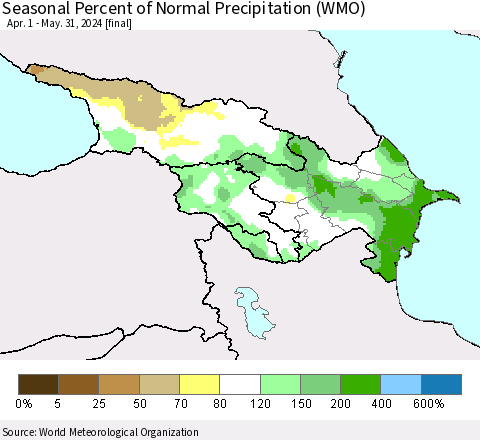 Azerbaijan, Armenia and Georgia Seasonal Percent of Normal Precipitation (WMO) Thematic Map For 4/1/2024 - 5/31/2024