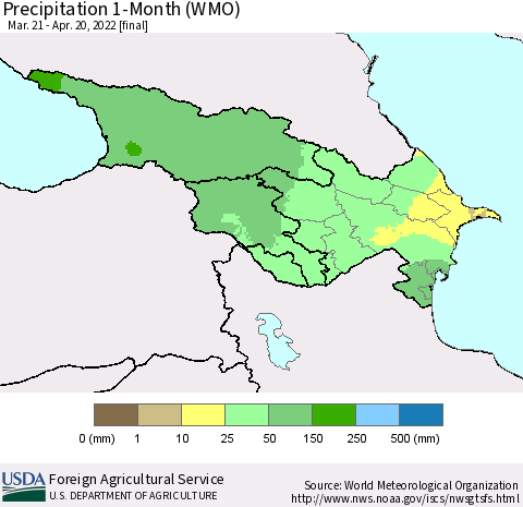 Azerbaijan, Armenia and Georgia Precipitation 1-Month (WMO) Thematic Map For 3/21/2022 - 4/20/2022