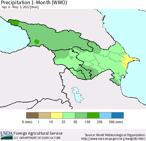 Azerbaijan, Armenia and Georgia Precipitation 1-Month (WMO) Thematic Map For 4/6/2022 - 5/5/2022