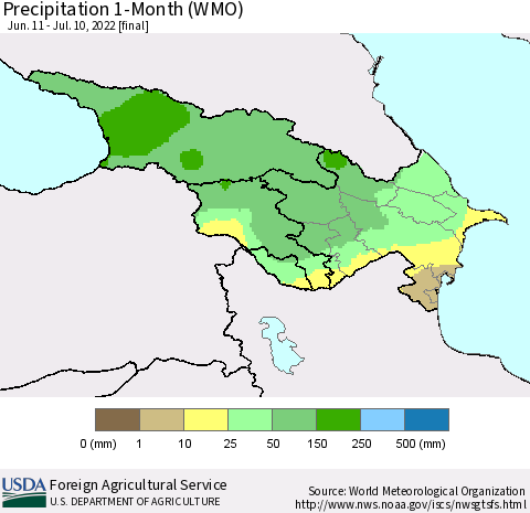 Azerbaijan, Armenia and Georgia Precipitation 1-Month (WMO) Thematic Map For 6/11/2022 - 7/10/2022