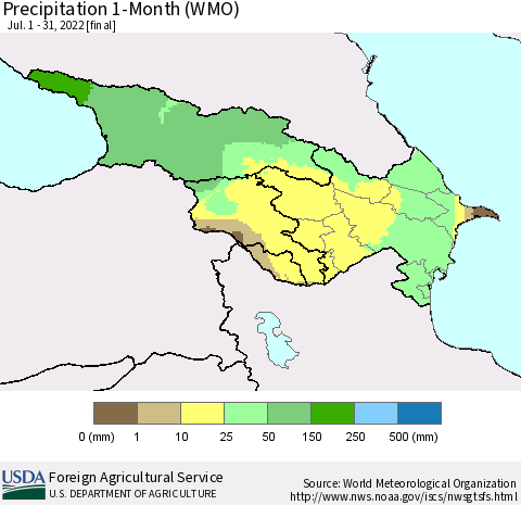 Azerbaijan, Armenia and Georgia Precipitation 1-Month (WMO) Thematic Map For 7/1/2022 - 7/31/2022