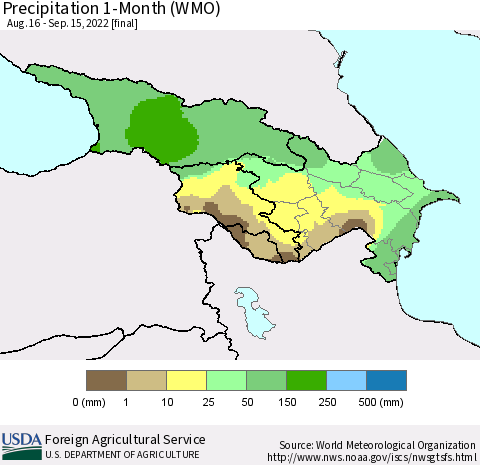 Azerbaijan, Armenia and Georgia Precipitation 1-Month (WMO) Thematic Map For 8/16/2022 - 9/15/2022