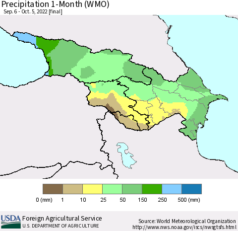 Azerbaijan, Armenia and Georgia Precipitation 1-Month (WMO) Thematic Map For 9/6/2022 - 10/5/2022