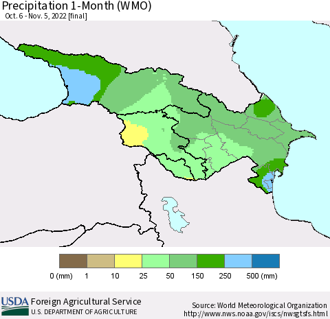 Azerbaijan, Armenia and Georgia Precipitation 1-Month (WMO) Thematic Map For 10/6/2022 - 11/5/2022