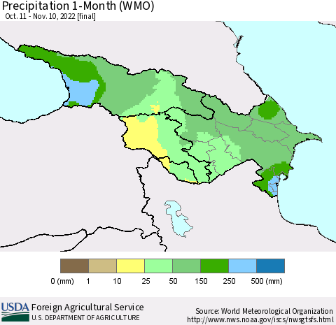 Azerbaijan, Armenia and Georgia Precipitation 1-Month (WMO) Thematic Map For 10/11/2022 - 11/10/2022