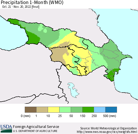 Azerbaijan, Armenia and Georgia Precipitation 1-Month (WMO) Thematic Map For 10/21/2022 - 11/20/2022