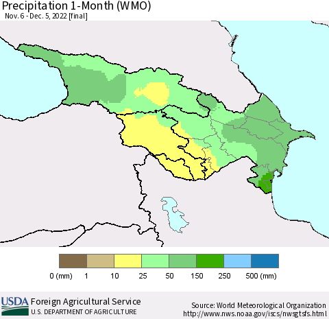 Azerbaijan, Armenia and Georgia Precipitation 1-Month (WMO) Thematic Map For 11/6/2022 - 12/5/2022