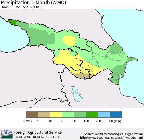 Azerbaijan, Armenia and Georgia Precipitation 1-Month (WMO) Thematic Map For 11/16/2022 - 12/15/2022