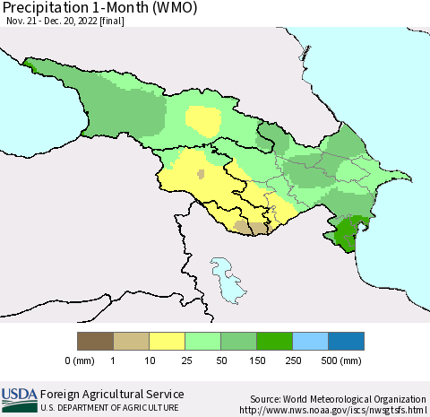 Azerbaijan, Armenia and Georgia Precipitation 1-Month (WMO) Thematic Map For 11/21/2022 - 12/20/2022