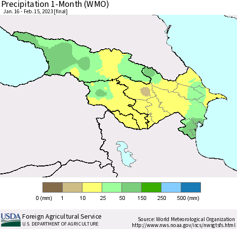Azerbaijan, Armenia and Georgia Precipitation 1-Month (WMO) Thematic Map For 1/16/2023 - 2/15/2023