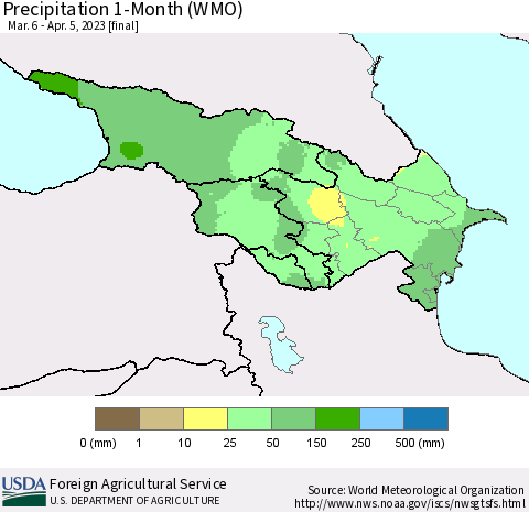 Azerbaijan, Armenia and Georgia Precipitation 1-Month (WMO) Thematic Map For 3/6/2023 - 4/5/2023