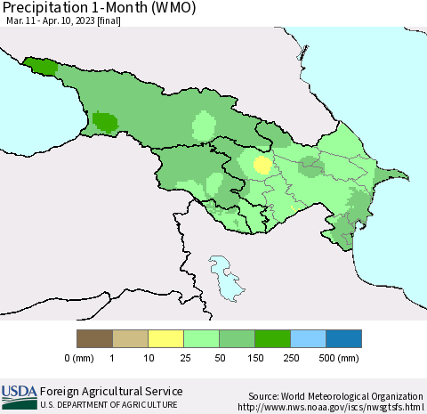 Azerbaijan, Armenia and Georgia Precipitation 1-Month (WMO) Thematic Map For 3/11/2023 - 4/10/2023