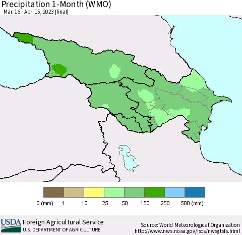 Azerbaijan, Armenia and Georgia Precipitation 1-Month (WMO) Thematic Map For 3/16/2023 - 4/15/2023