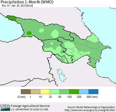 Azerbaijan, Armenia and Georgia Precipitation 1-Month (WMO) Thematic Map For 3/21/2023 - 4/20/2023