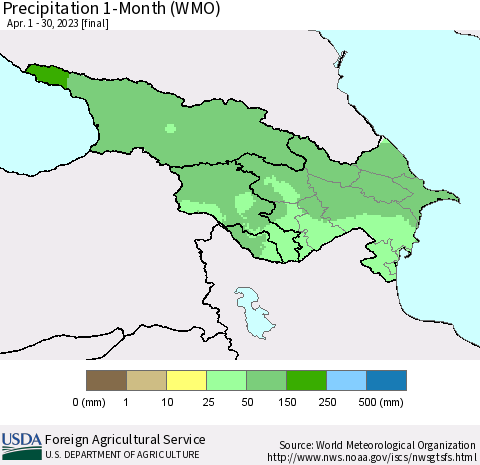 Azerbaijan, Armenia and Georgia Precipitation 1-Month (WMO) Thematic Map For 4/1/2023 - 4/30/2023
