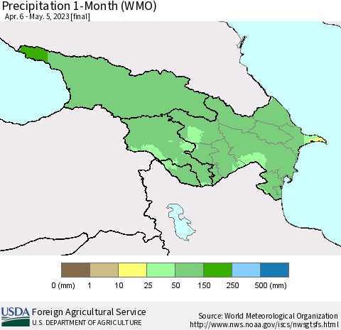Azerbaijan, Armenia and Georgia Precipitation 1-Month (WMO) Thematic Map For 4/6/2023 - 5/5/2023