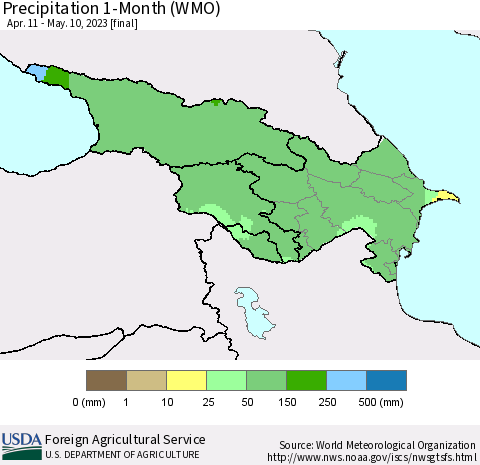 Azerbaijan, Armenia and Georgia Precipitation 1-Month (WMO) Thematic Map For 4/11/2023 - 5/10/2023
