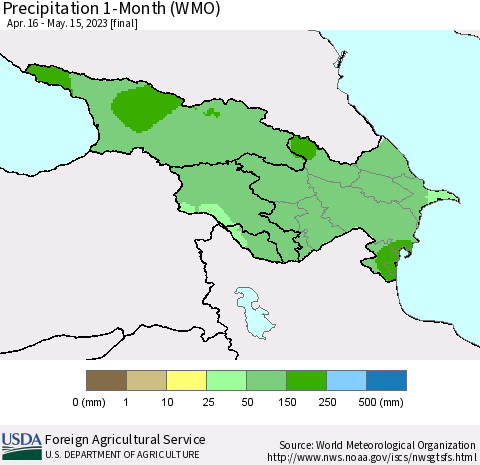 Azerbaijan, Armenia and Georgia Precipitation 1-Month (WMO) Thematic Map For 4/16/2023 - 5/15/2023