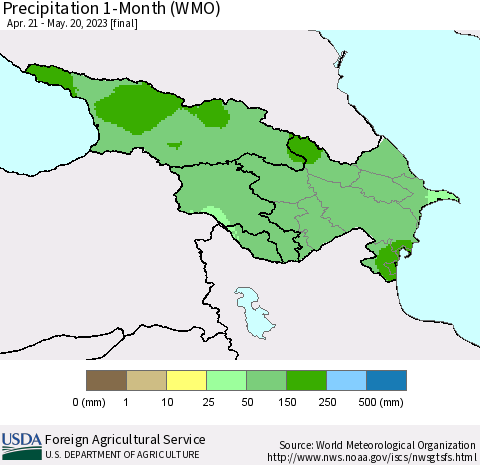 Azerbaijan, Armenia and Georgia Precipitation 1-Month (WMO) Thematic Map For 4/21/2023 - 5/20/2023