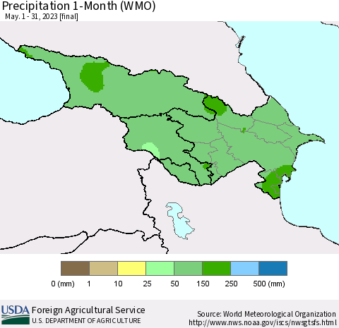 Azerbaijan, Armenia and Georgia Precipitation 1-Month (WMO) Thematic Map For 5/1/2023 - 5/31/2023