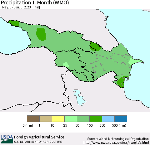 Azerbaijan, Armenia and Georgia Precipitation 1-Month (WMO) Thematic Map For 5/6/2023 - 6/5/2023
