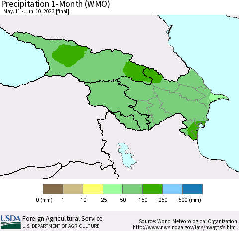 Azerbaijan, Armenia and Georgia Precipitation 1-Month (WMO) Thematic Map For 5/11/2023 - 6/10/2023