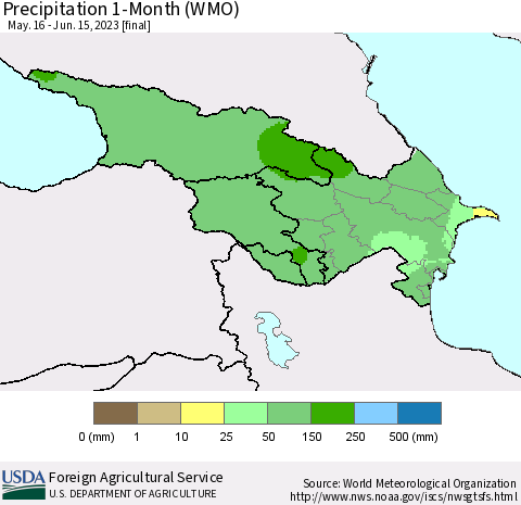 Azerbaijan, Armenia and Georgia Precipitation 1-Month (WMO) Thematic Map For 5/16/2023 - 6/15/2023