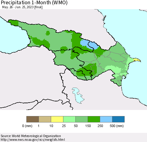 Azerbaijan, Armenia and Georgia Precipitation 1-Month (WMO) Thematic Map For 5/26/2023 - 6/25/2023