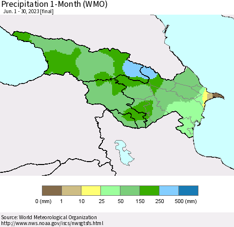 Azerbaijan, Armenia and Georgia Precipitation 1-Month (WMO) Thematic Map For 6/1/2023 - 6/30/2023