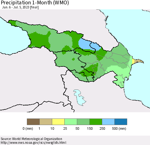 Azerbaijan, Armenia and Georgia Precipitation 1-Month (WMO) Thematic Map For 6/6/2023 - 7/5/2023