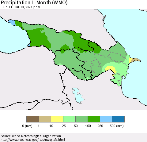 Azerbaijan, Armenia and Georgia Precipitation 1-Month (WMO) Thematic Map For 6/11/2023 - 7/10/2023