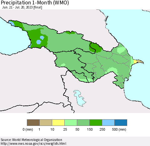 Azerbaijan, Armenia and Georgia Precipitation 1-Month (WMO) Thematic Map For 6/21/2023 - 7/20/2023
